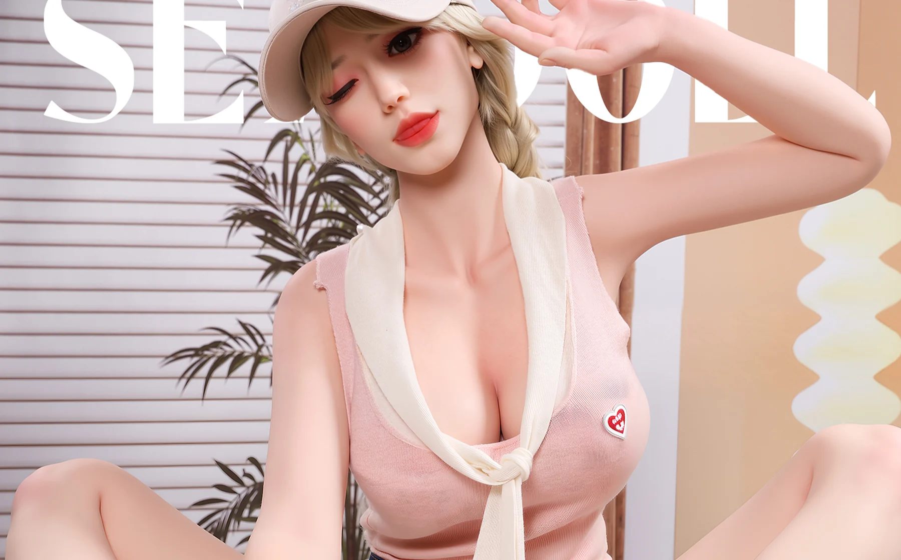 SUP-001 T057 companion doll photographed in a soft peach interior